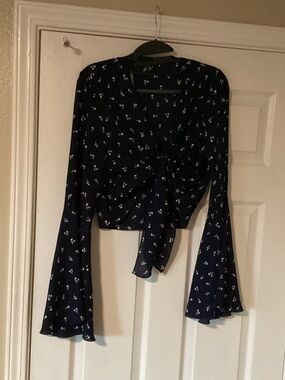 Windsor Navy Floral Tie-Front Long Sleeve Top with Bell Sleeves